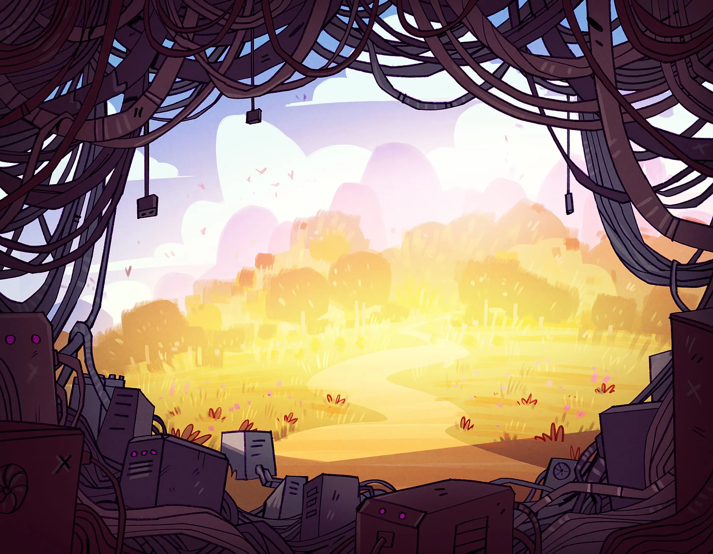 Blick aus einem Elektronik Dschungel auf eine sonnendurchflutete Landschaft.